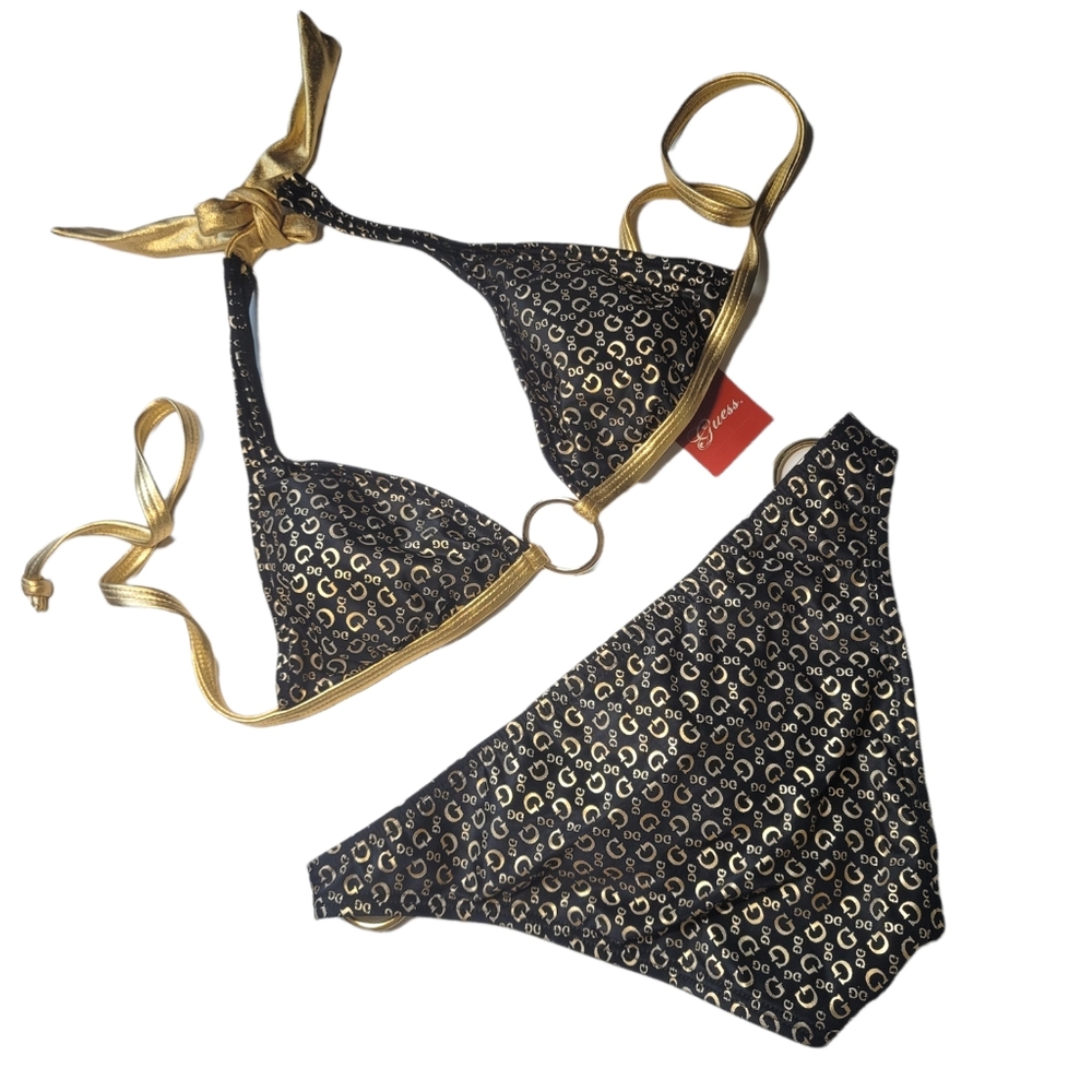 NWT GUESS swimsuit bikini G logo black gold S